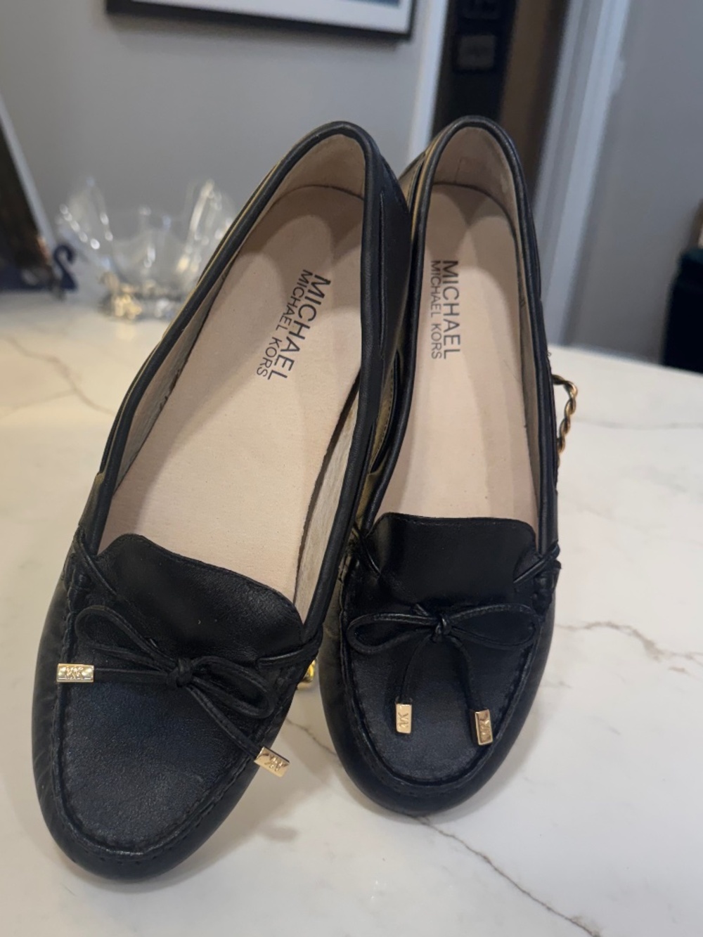 Michael Kors Black Leather Loafers Size 8 | Gold Detail Slip-On Flats